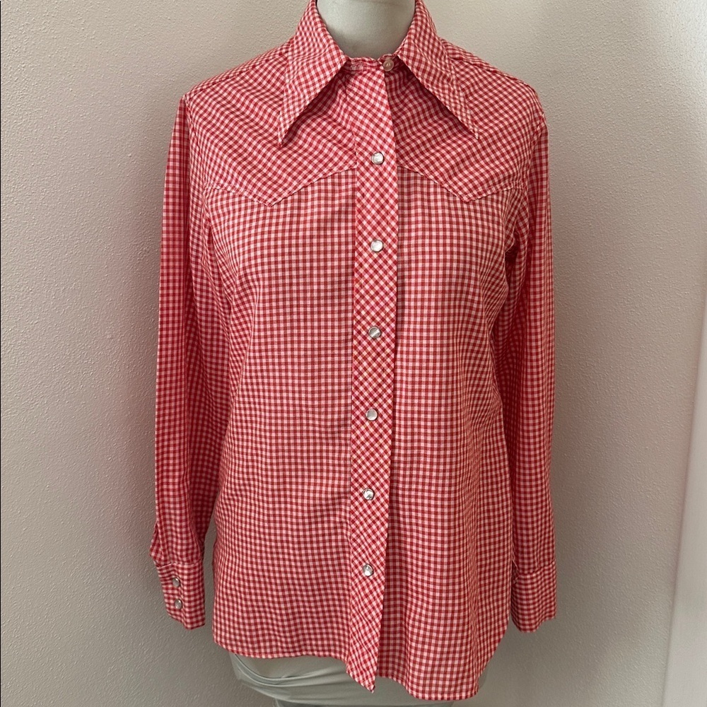 Vintage Wrangler red white plaid western button up down pearl button m gingham - Picture 4 of 10